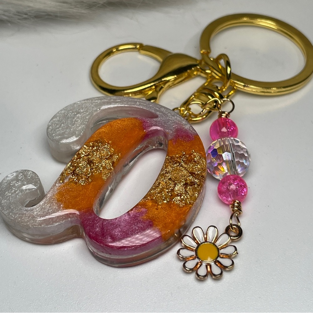 Custom Orange Cream and Pink Letter “D” Keychain with Daisy Charm - Picture 7 of 12